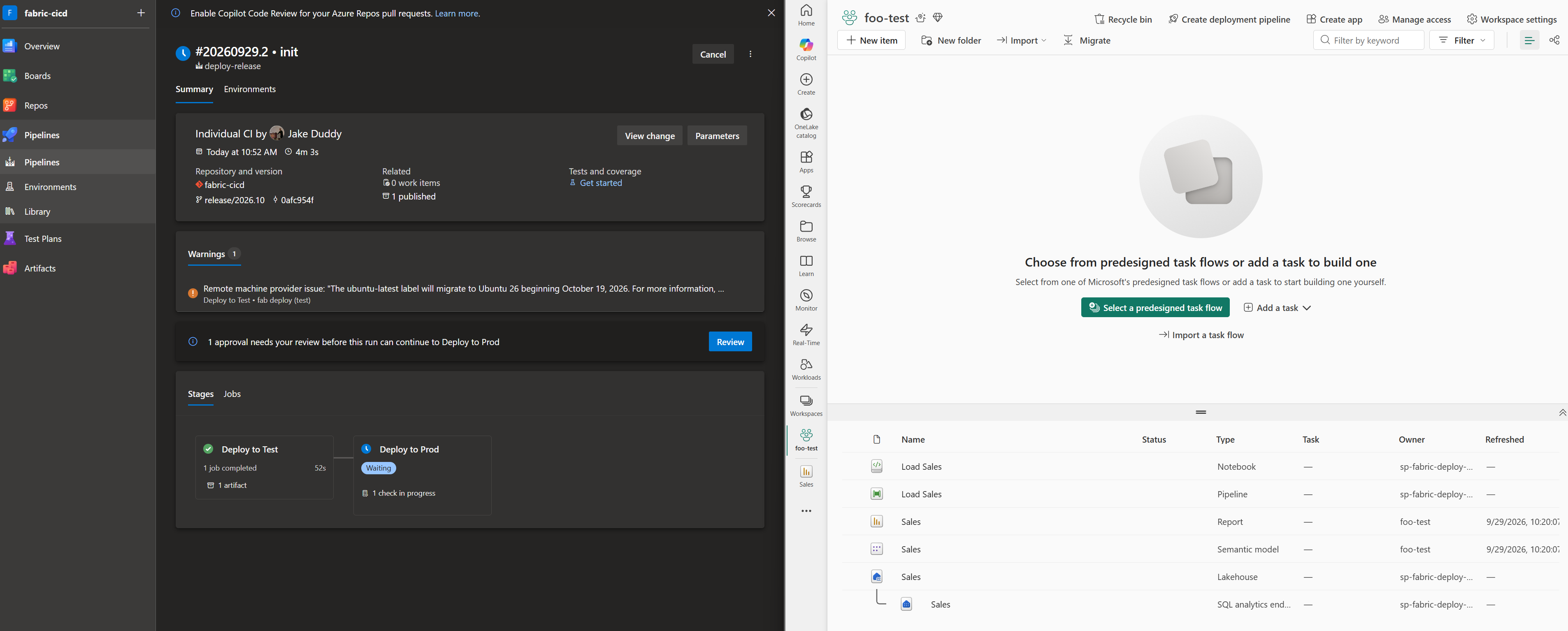 deploy-release run, Test green, approval pending on Prod