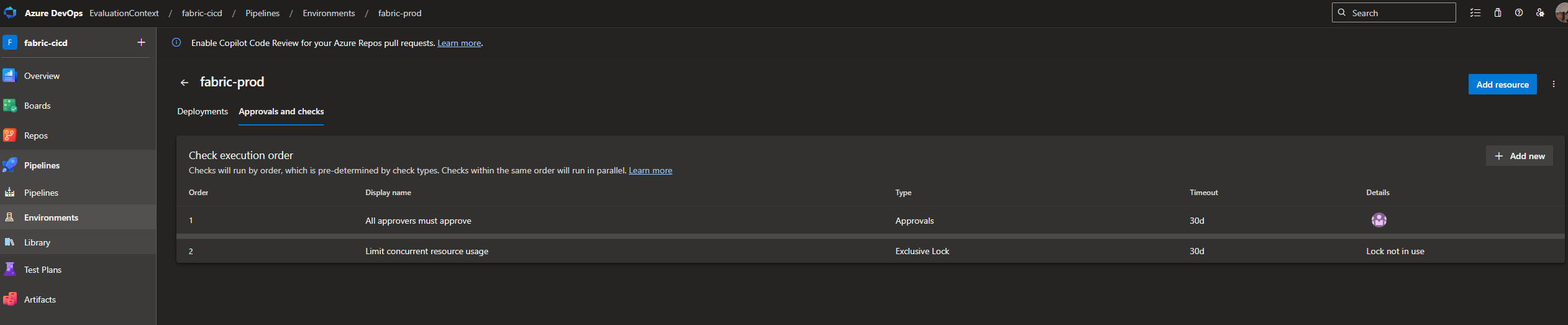 The fabric-prod environment with a manual approval check