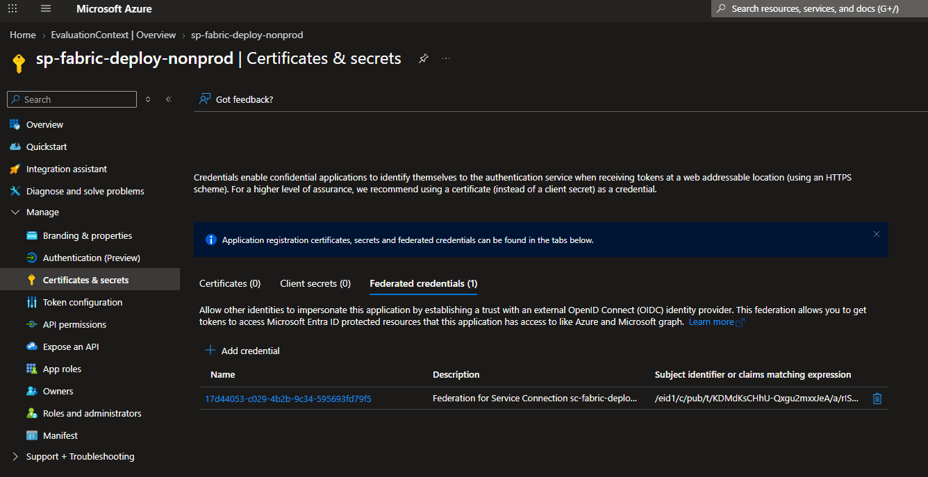 The generated app registration renamed, with its federated credential