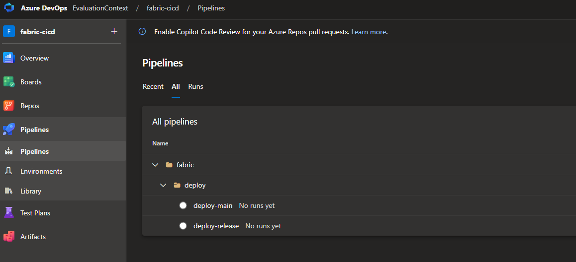 The two pipelines in Azure DevOps, pointing at deploy-main.yml and deploy-release.yml