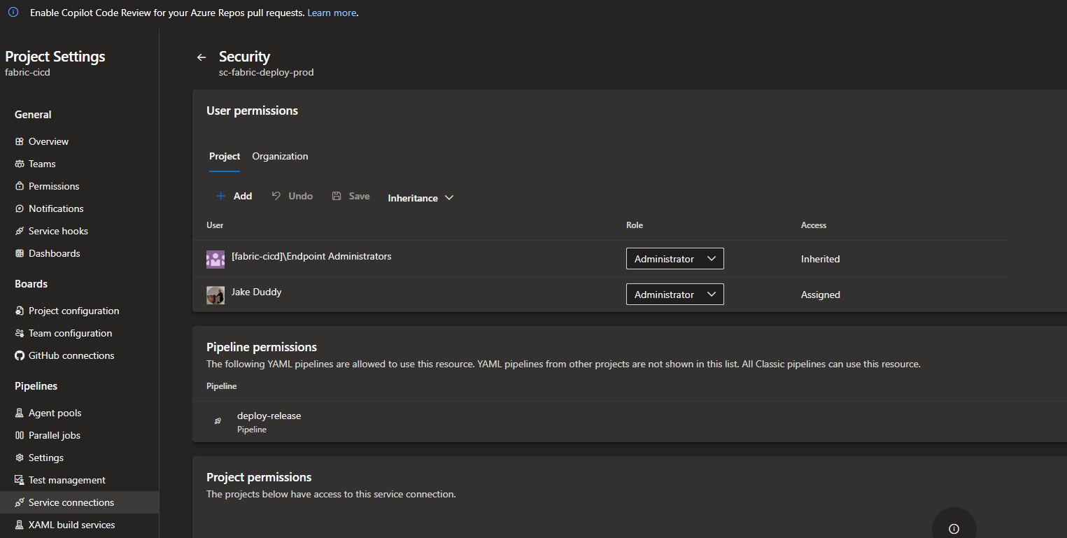 Pipeline permissions on sc-fabric-deploy-prod, deploy-release only