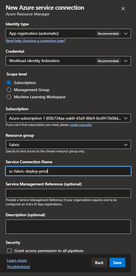 Saved service connection, verified, with its generated app registration